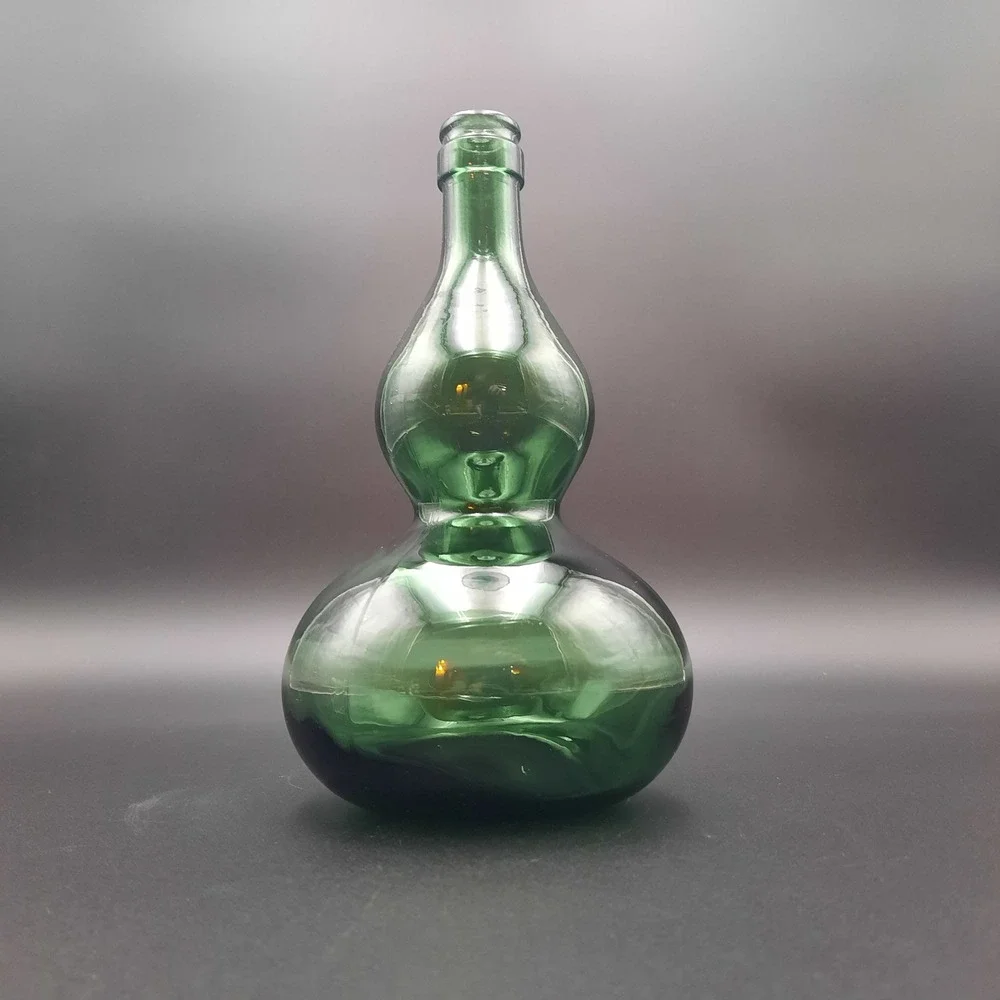 Vintage Hand Blown Green‎ Glass Vase Gourd Shape Mid Century Modern Decor